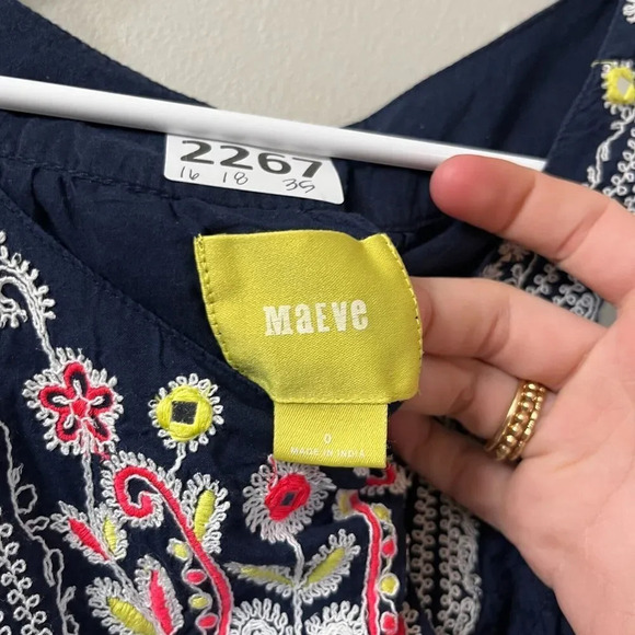 Maeve Womens Navy Blue Embroidered Dress Boho Swing 0 Sleeveless Textured Anthro - Picture 3 of 8